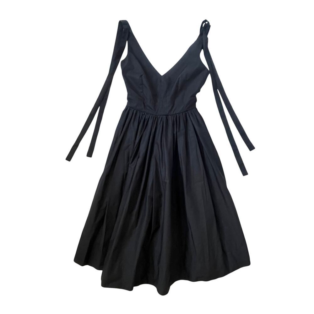 NWT Meimeij Black V-Neck A-Line Midi Dress Shoulder Ties Bows - Size 36/US 0